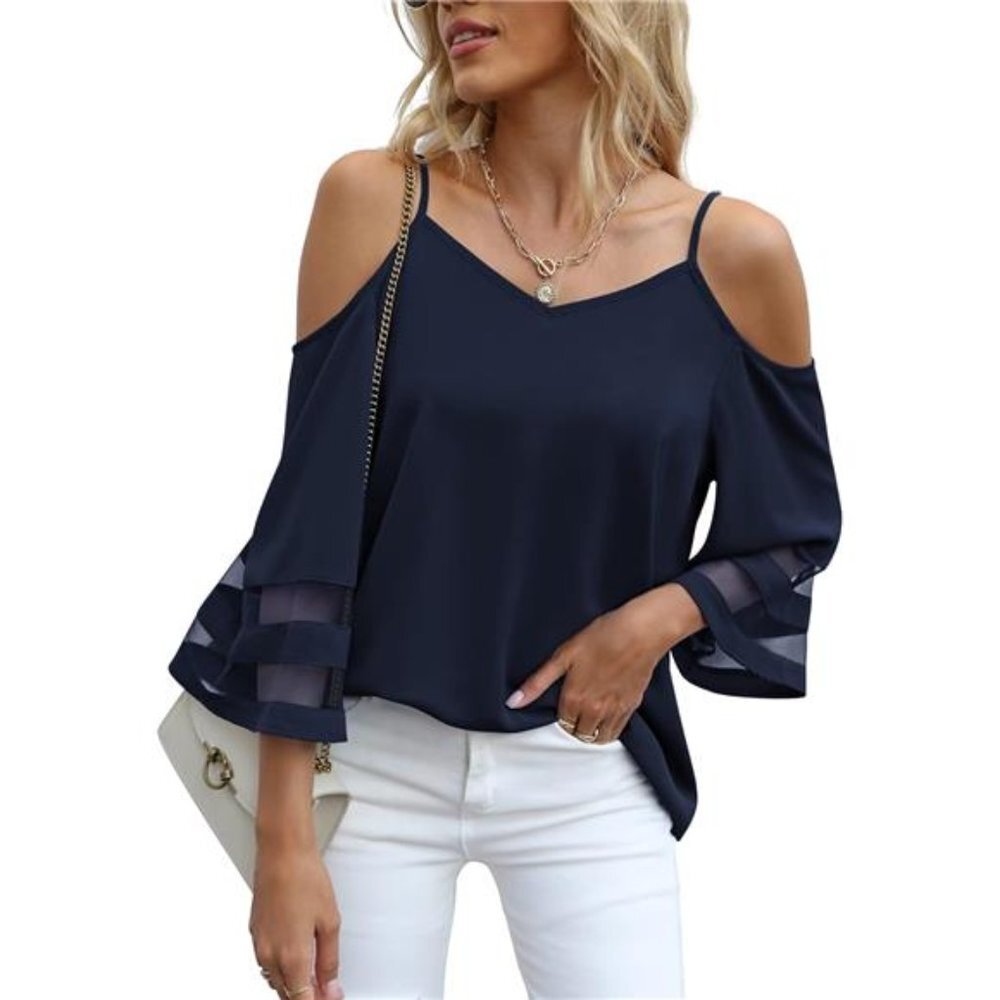 Navy Blue Mesh‎ Panel 3/4 Bell Sleeve Off Shoulder Flowy Top Blouse Loose Top